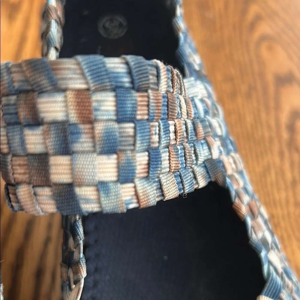 bernie mev. Blue and Brown Woven Wedges